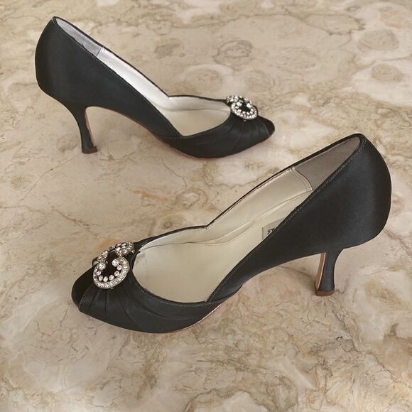 Benjamin Adams London Black Satin & Swarovski Crystals Peep Toe Evening Heels - Picture 9 of 16